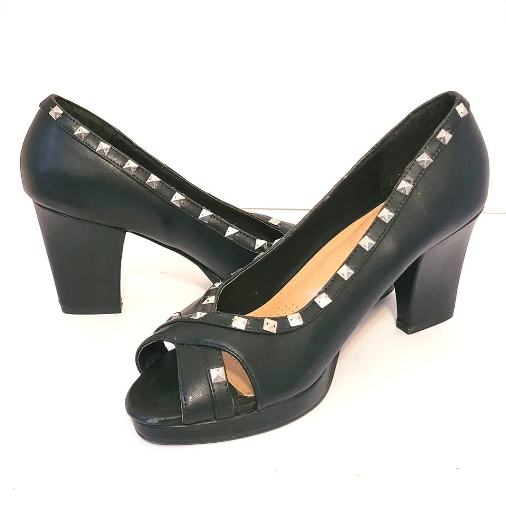 9M Comfortview Biker Leather Look & Metal Studs 3" Heels Pumps‎ Black